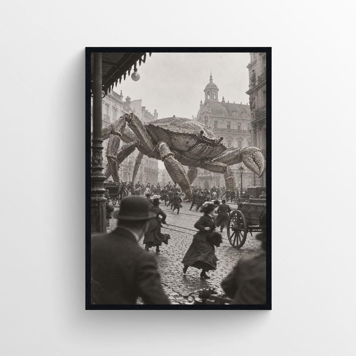 Black-and-white surreal poster showing a colossal crab crawling through a crowded historic city street near fleeing pedestrians and carriages — vintage-style wall art from CollegeWares.