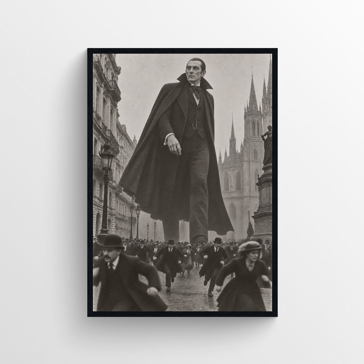 Black-and-white surreal poster showing a giant caped Dracula towering over a crowded gothic city street as people flee — vintage-style wall art from CollegeWares.