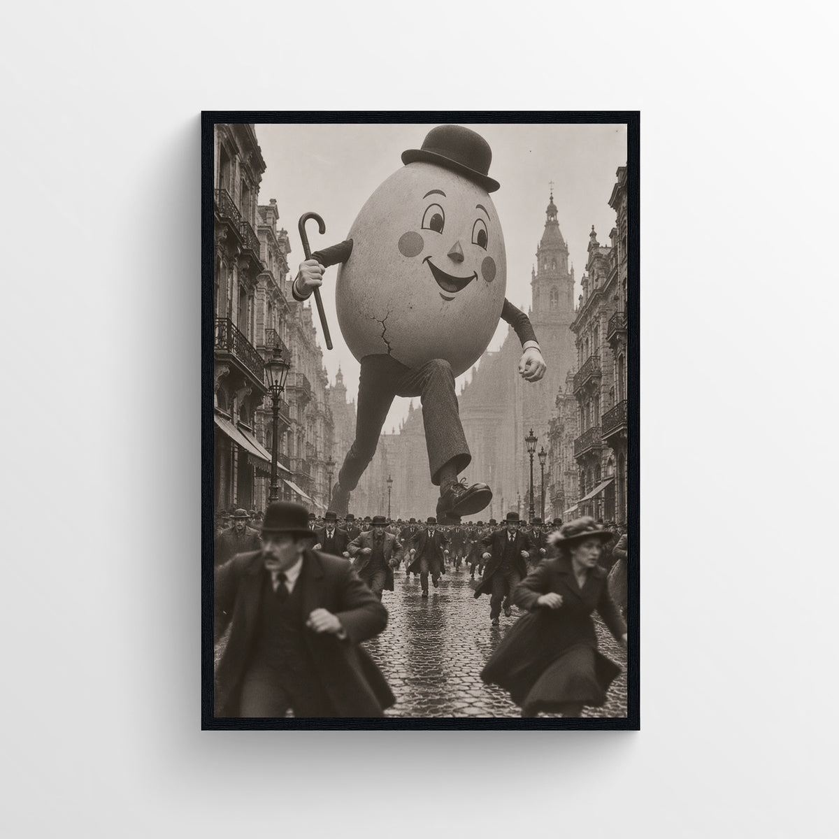 Black-and-white surreal poster showing a giant smiling egg-shaped man in a bowler hat walking through a crowded historic city street — vintage-style wall art from CollegeWares.