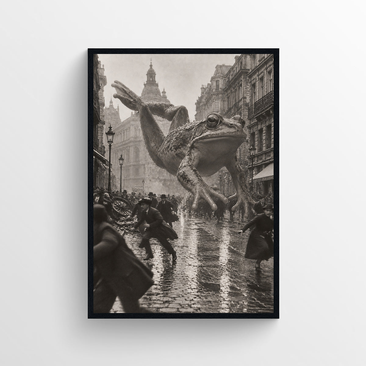 Black-and-white surreal poster showing a colossal frog landing in a crowded rain-soaked historic European street — vintage-style wall art from CollegeWares.