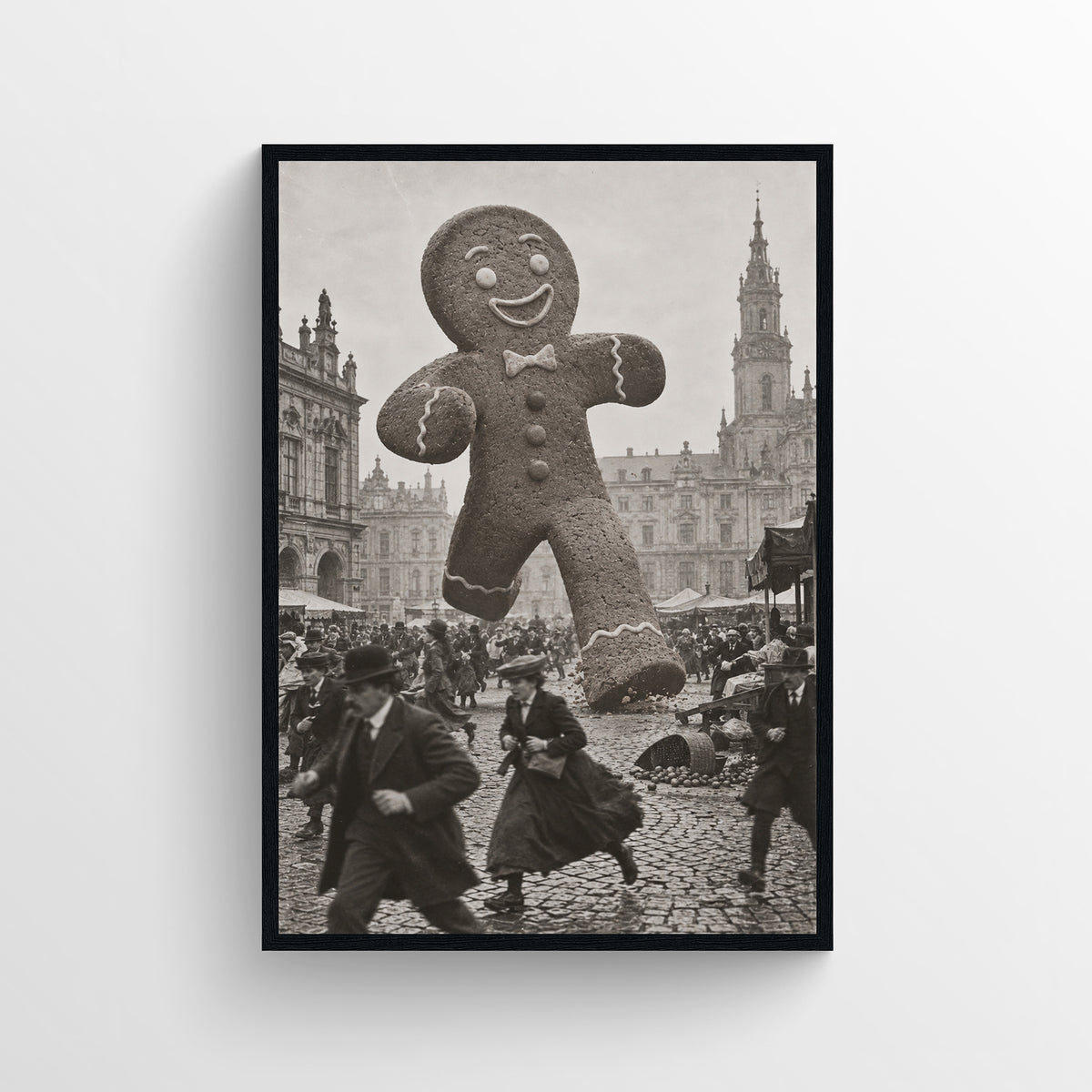 Black-and-white surreal poster showing a giant smiling gingerbread man running through a crowded historic city street — vintage-style wall art from CollegeWares.