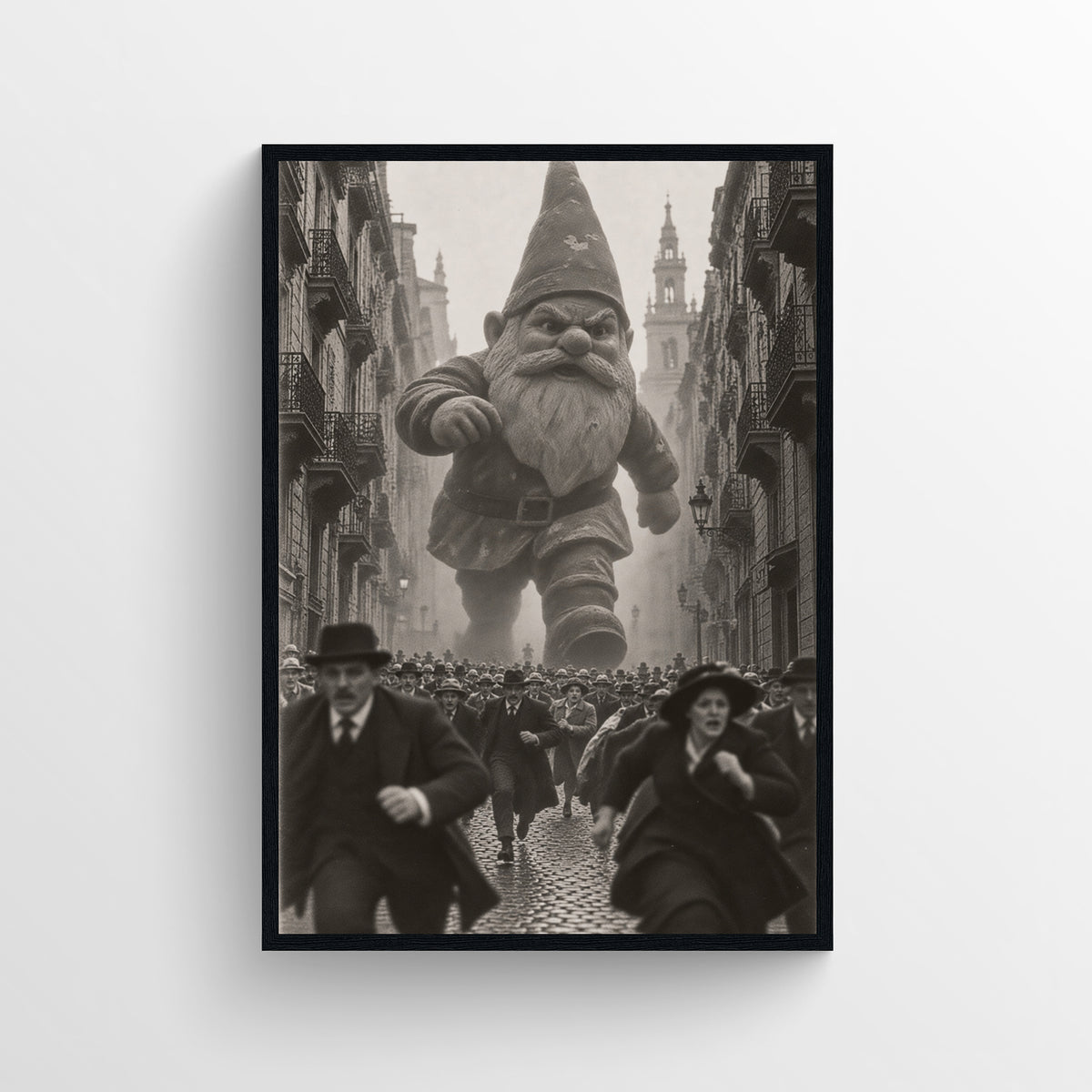 Black-and-white surreal poster showing a towering bearded garden gnome walking through a crowded historic European street — vintage-style wall art from CollegeWares.