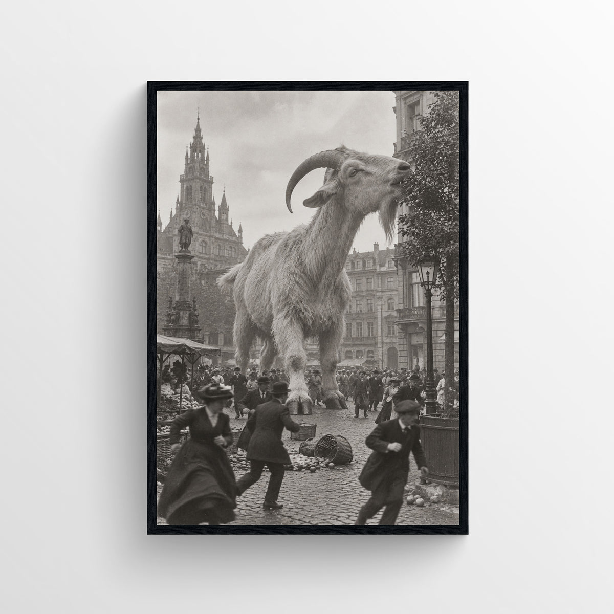 Black-and-white surreal poster showing a giant horned goat towering over a crowded historic city street as people flee — vintage-style wall art from CollegeWares.