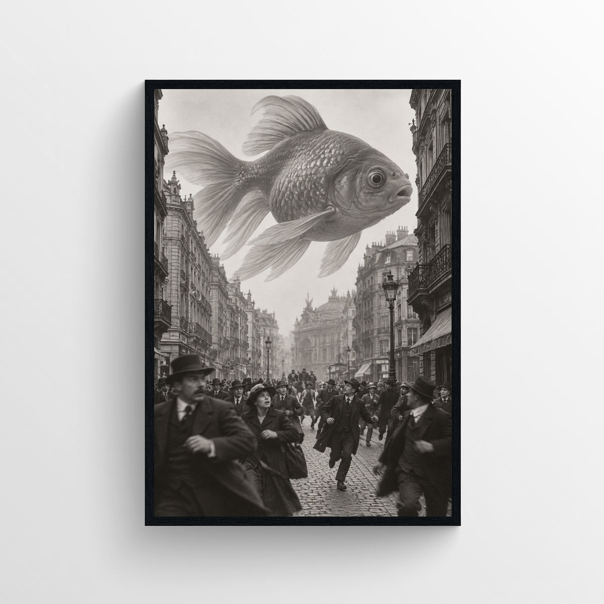 Black-and-white surreal poster showing a colossal goldfish floating above a crowded historic city street as people run away — vintage-style wall art from CollegeWares.