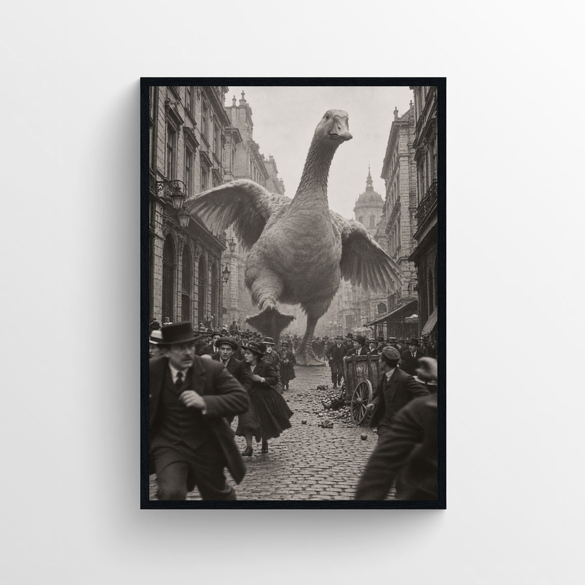Black-and-white surreal poster showing a towering goose spreading its wings over a crowded rain-soaked historic city street — vintage-style wall art from CollegeWares.