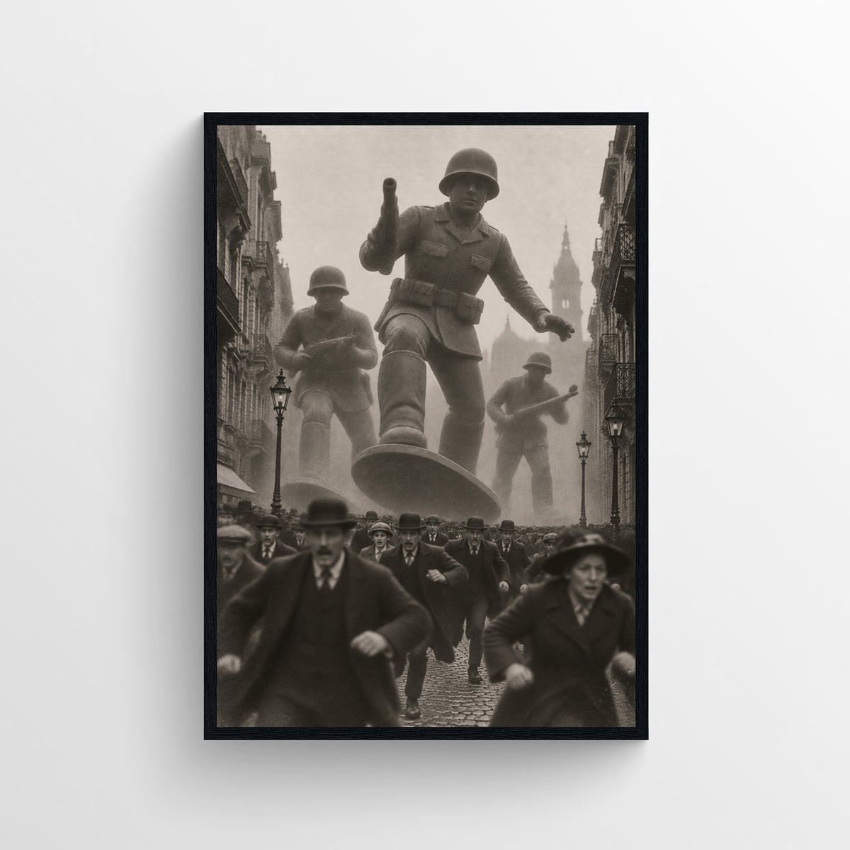 Black-and-white surreal poster showing giant plastic army men marching through a crowded historic European city street — vintage-style wall art from CollegeWares.