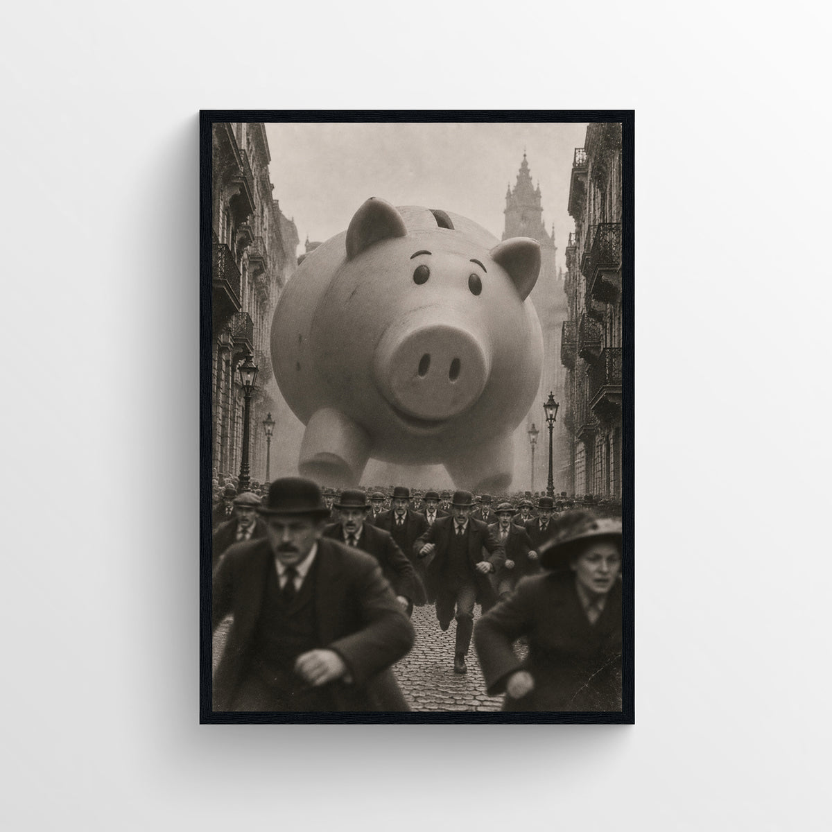 Black-and-white surreal poster showing a colossal smiling piggy bank moving through a crowded historic city street — vintage-style wall art from CollegeWares.