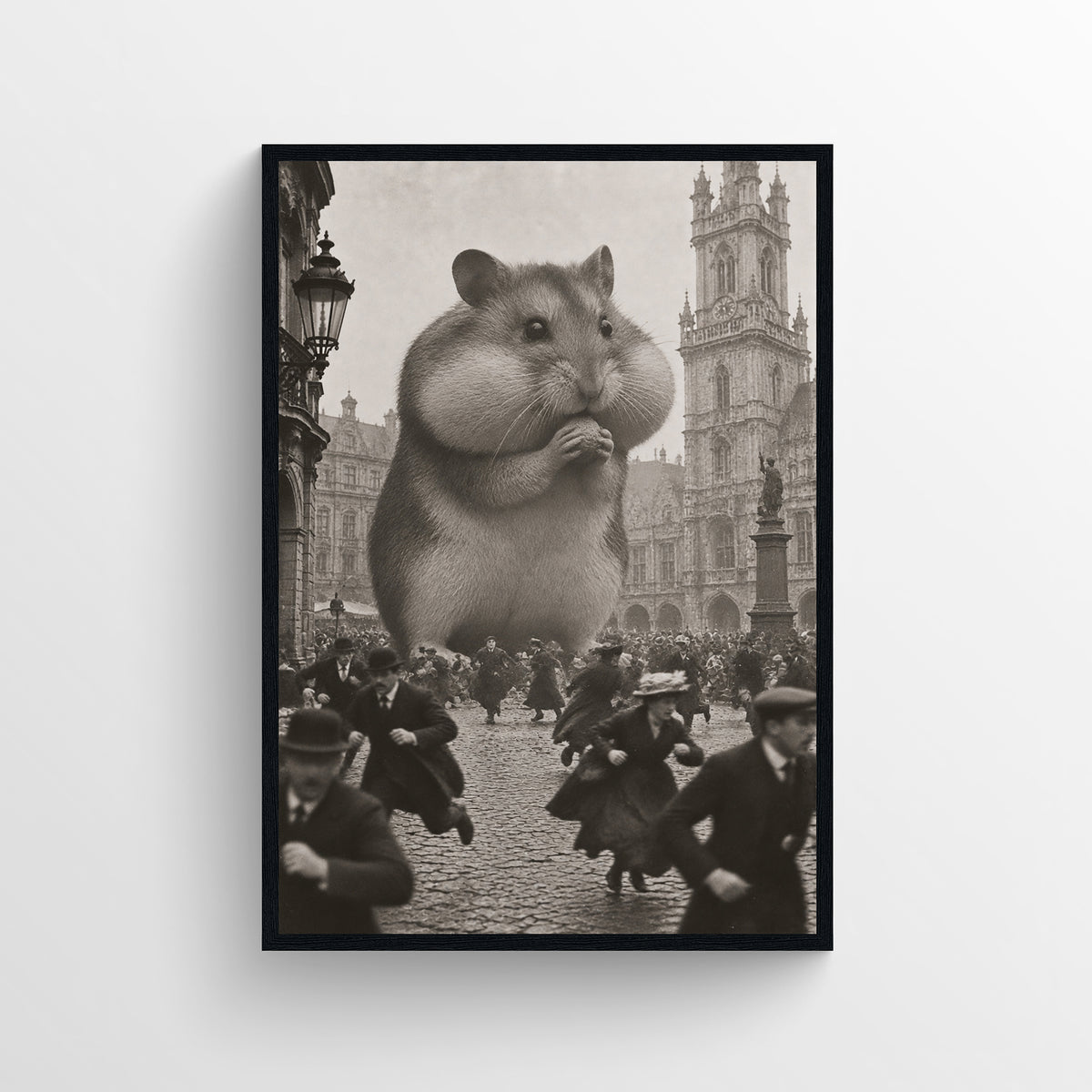 Black-and-white surreal poster showing a giant round-cheeked hamster towering over a crowded rain-soaked historic city street — vintage-style wall art from CollegeWares.