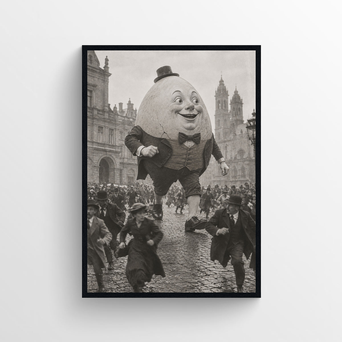Black-and-white surreal poster showing a giant formally dressed Humpty Dumpty walking through a crowded historic city street — vintage-style wall art from CollegeWares.