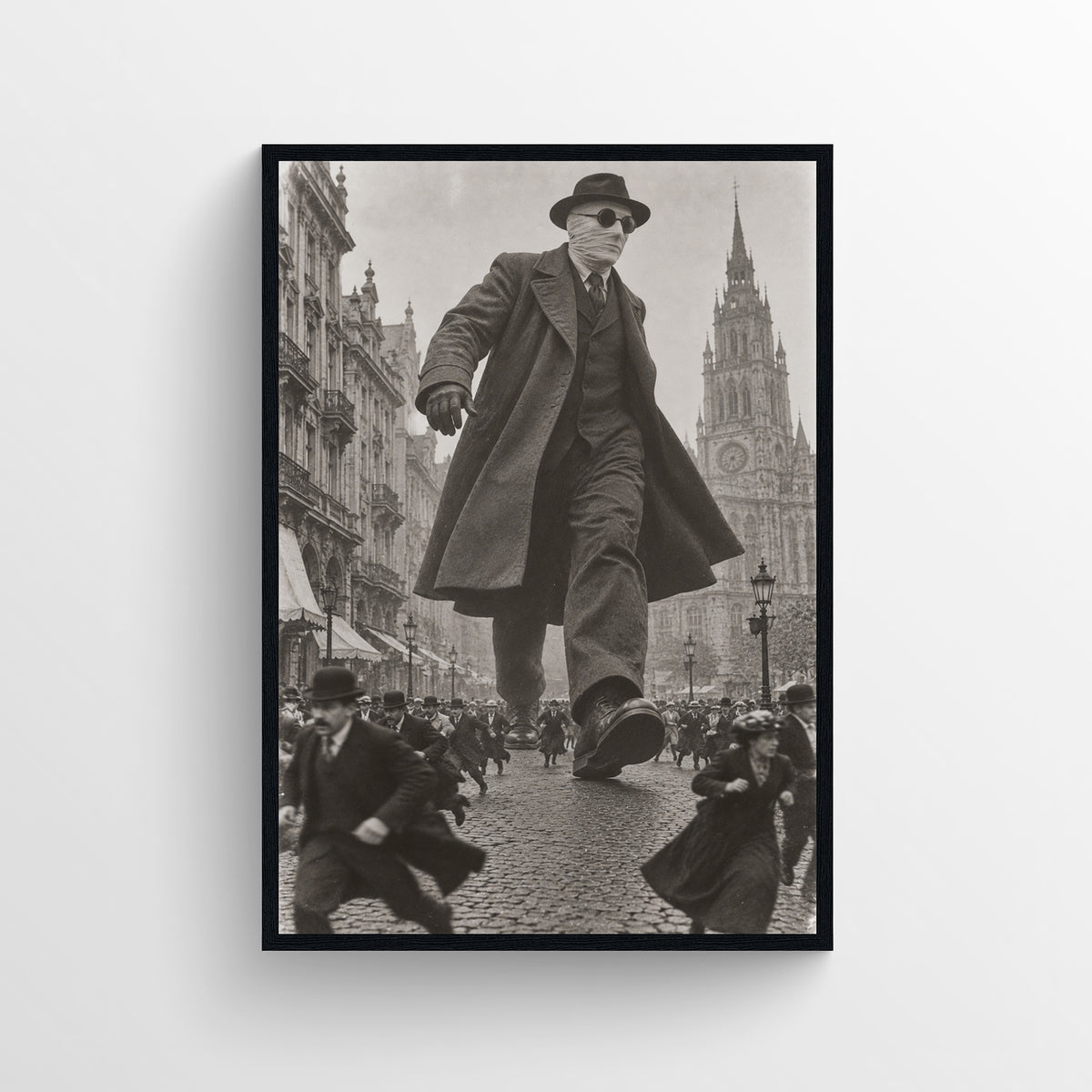 Black-and-white surreal poster showing a towering Invisible Man in a trench coat, hat, and dark glasses walking through a crowded historic city street — vintage-style wall art from CollegeWares.