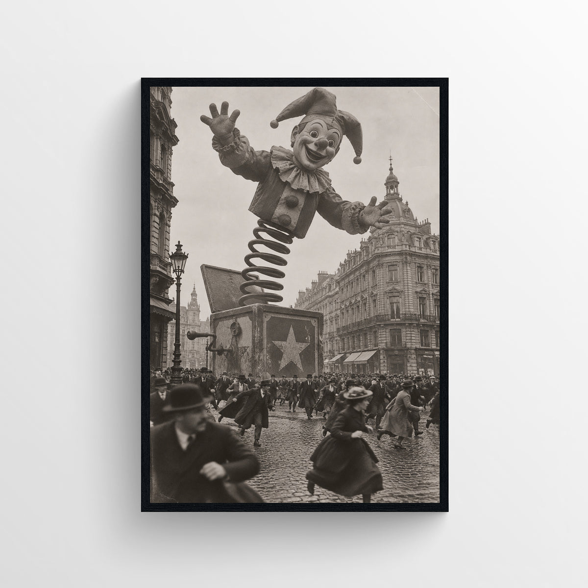 Black-and-white surreal poster showing a giant grinning jack-in-the-box springing above a crowded historic city square — vintage-style wall art from CollegeWares.