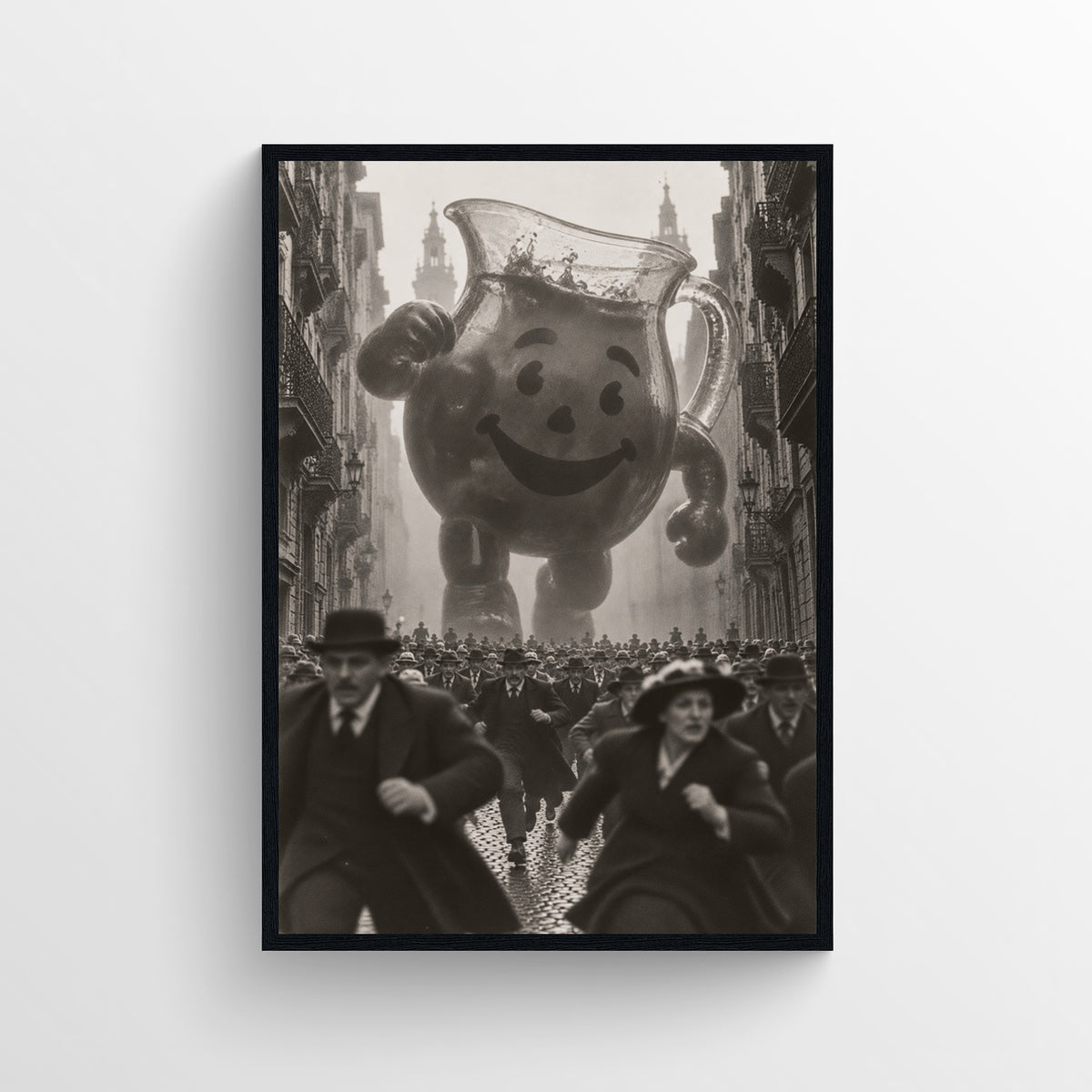 Black-and-white surreal poster showing a giant smiling drink pitcher with arms charging through a crowded historic city street — vintage-style wall art from CollegeWares.