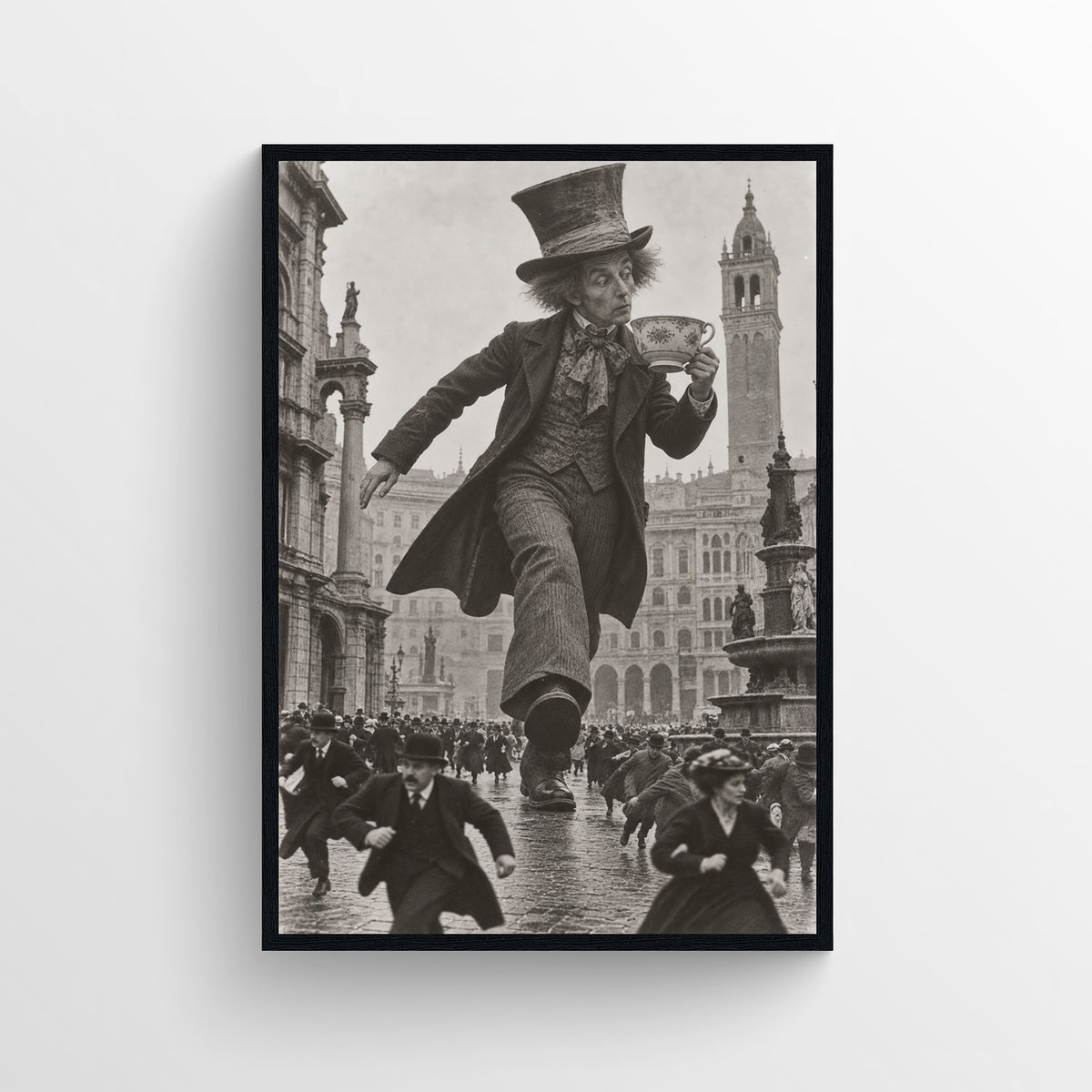 Black-and-white surreal poster showing a towering Mad Hatter carrying a teacup through a crowded historic European street — vintage-style wall art from CollegeWares.
