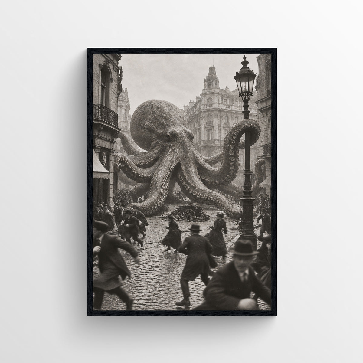 Black-and-white surreal poster showing a giant octopus filling a crowded rain-soaked historic city street with its tentacles — vintage-style wall art from CollegeWares.