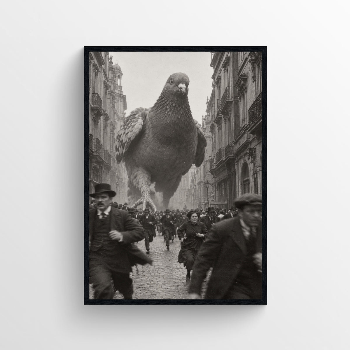 Black-and-white surreal poster showing a colossal pigeon towering over a crowded historic European city street — vintage-style wall art from CollegeWares.