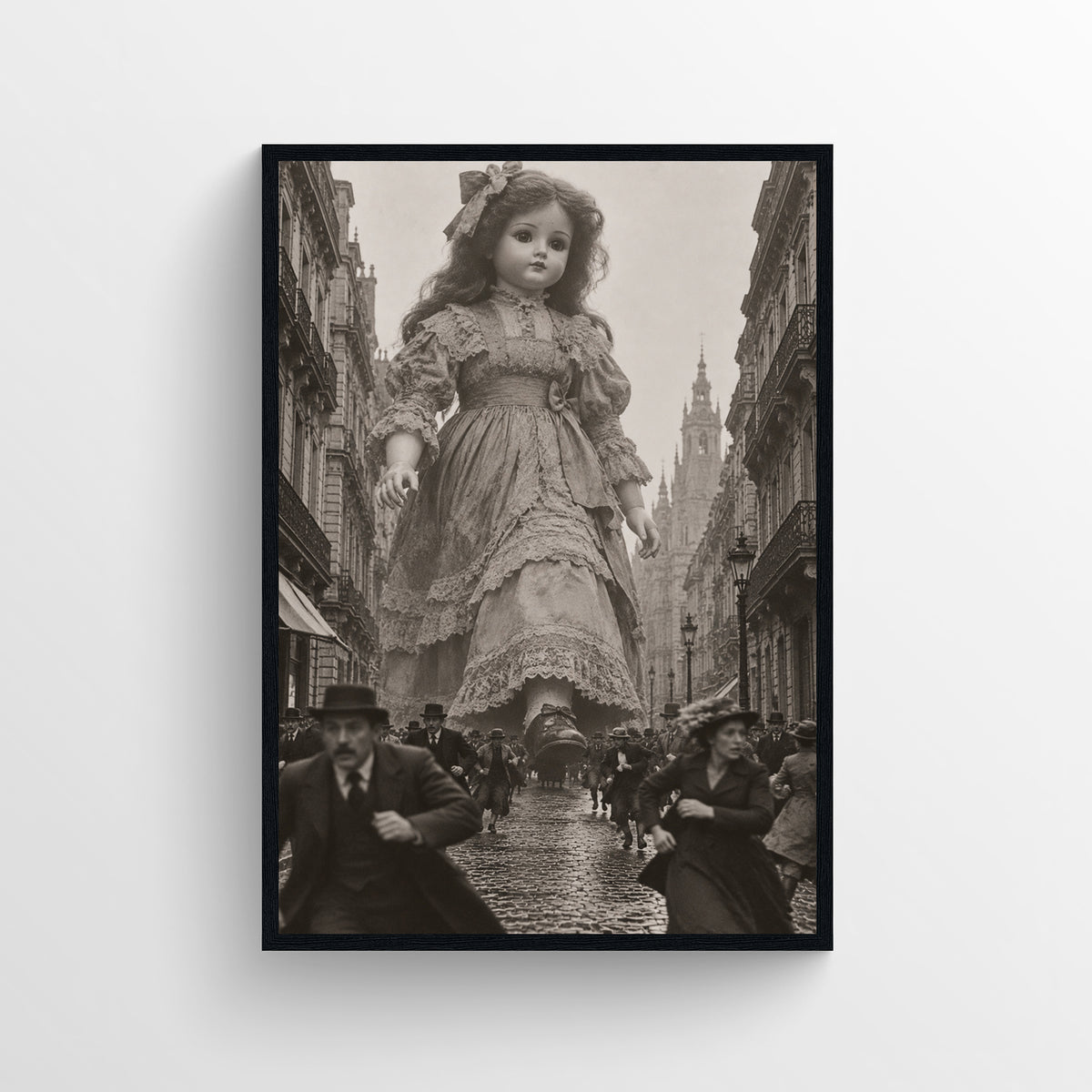 Black-and-white surreal poster showing a giant antique porcelain doll standing over a crowded rain-soaked historic city street — vintage-style wall art from CollegeWares.