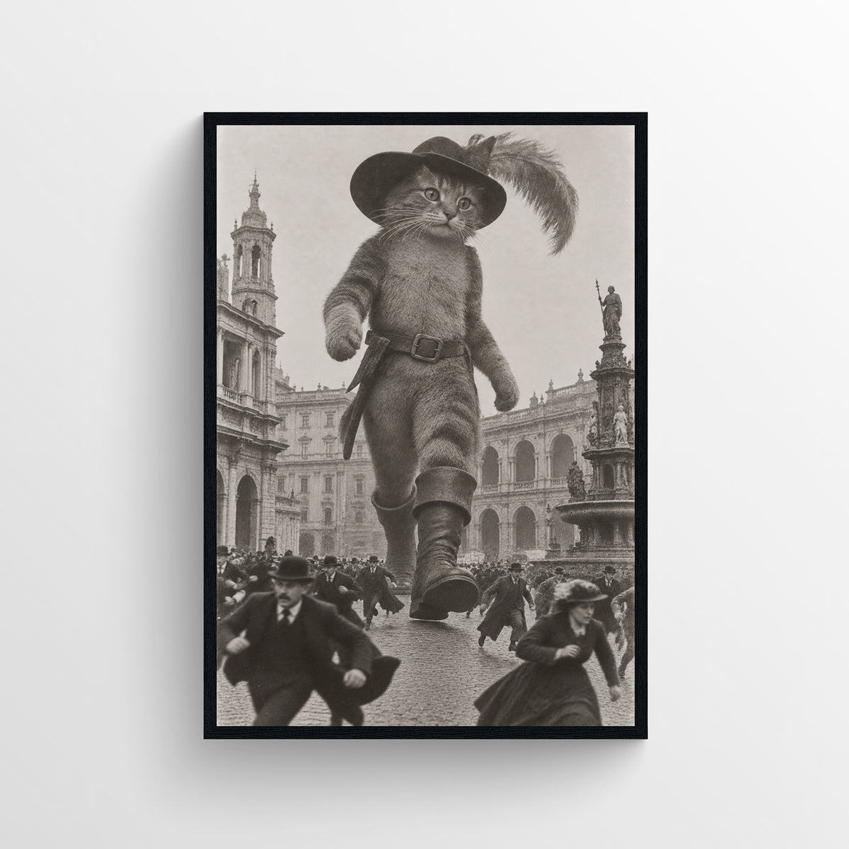 Black-and-white surreal poster showing a towering storybook cat wearing boots and a feathered hat in a crowded historic city square — vintage-style wall art from CollegeWares.