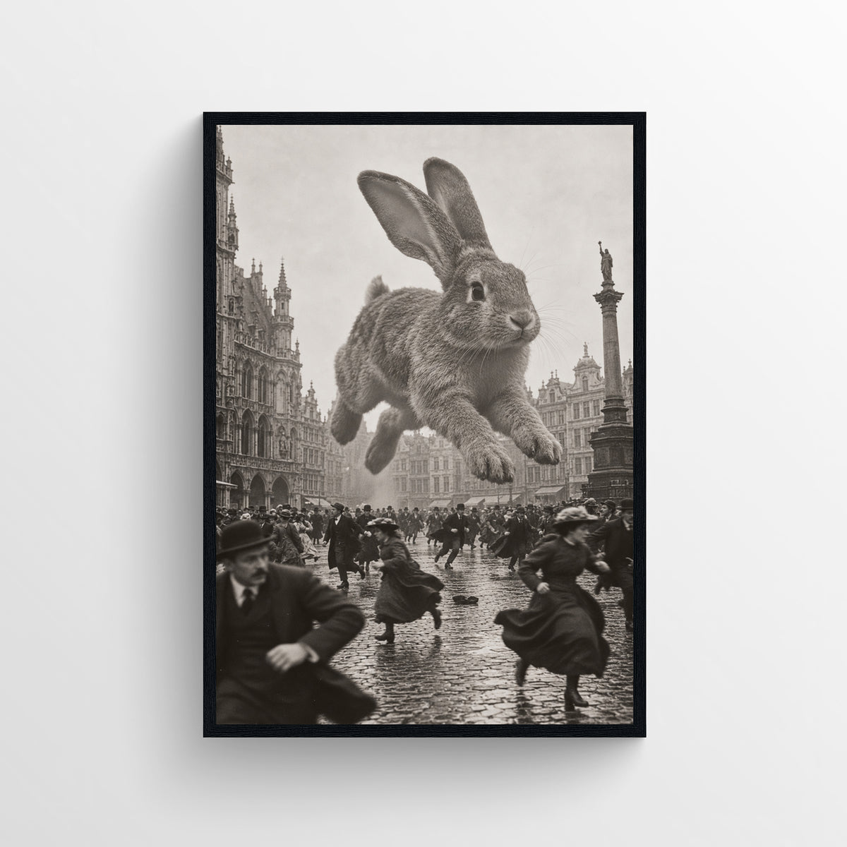 Black-and-white surreal poster showing a giant rabbit bounding through a crowded rain-soaked historic city street — vintage-style wall art from CollegeWares.