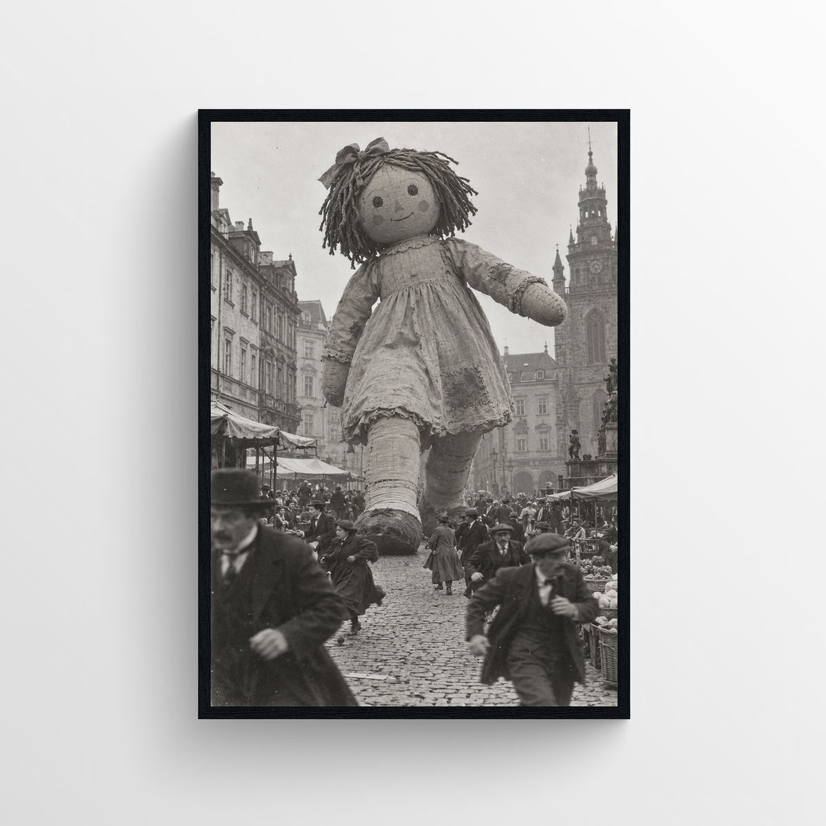 Black-and-white surreal poster showing a towering handmade rag doll with yarn hair walking through a crowded historic city street — vintage-style wall art from CollegeWares.