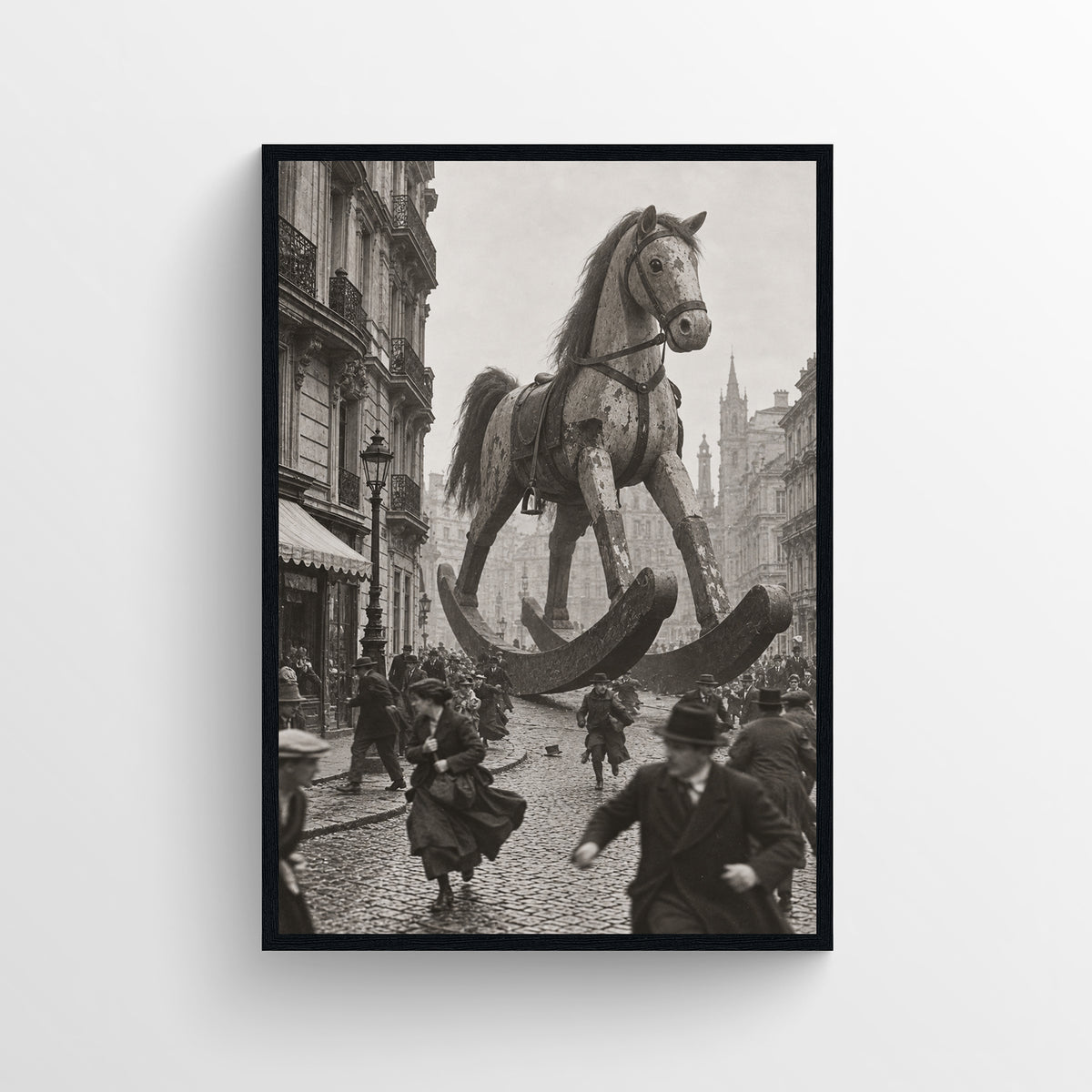 Black-and-white surreal poster showing a colossal wooden rocking horse towering over a crowded historic European city street — vintage-style wall art from CollegeWares.