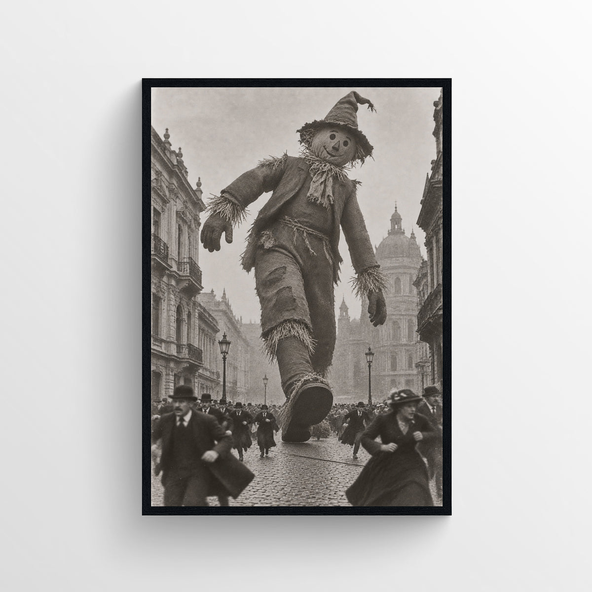 Black-and-white surreal poster showing a towering straw scarecrow in patched clothes walking through a crowded historic European square — vintage-style wall art from CollegeWares.