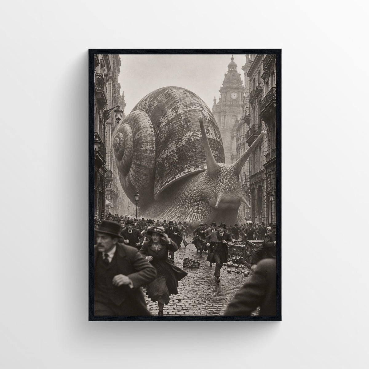 Black-and-white surreal poster showing a colossal snail crawling through a crowded historic city street as people flee — vintage-style wall art from CollegeWares.