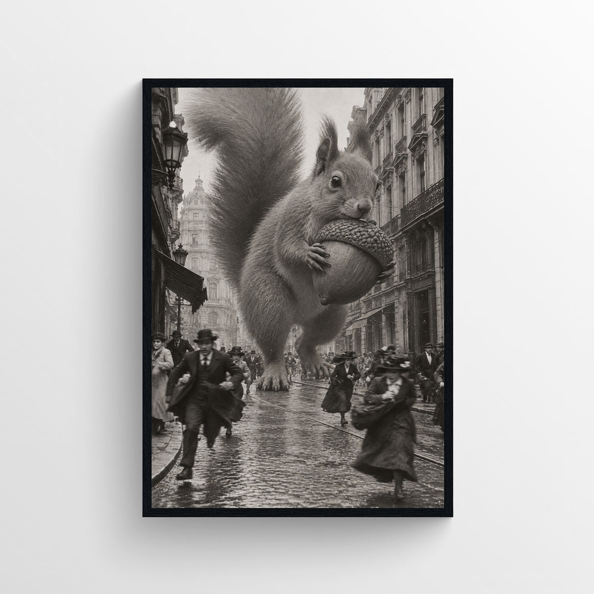 Black-and-white surreal poster showing a giant squirrel clutching food and towering over a crowded rain-soaked historic city street — vintage-style wall art from CollegeWares.