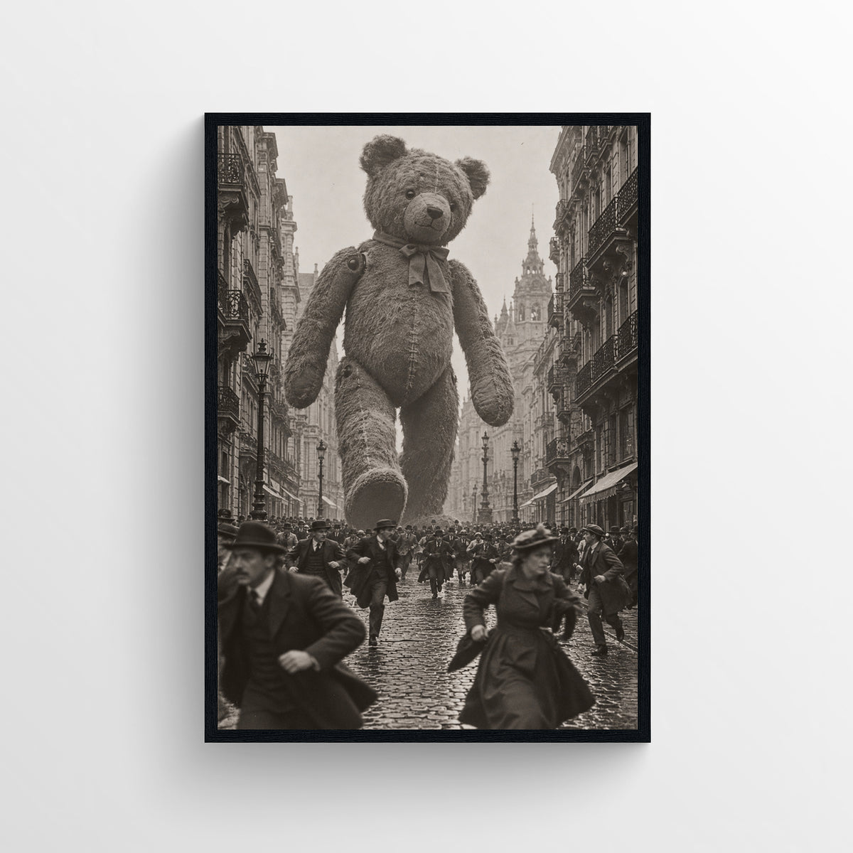 Black-and-white surreal poster showing a giant worn teddy bear walking through a crowded historic European city street — vintage-style wall art from CollegeWares.