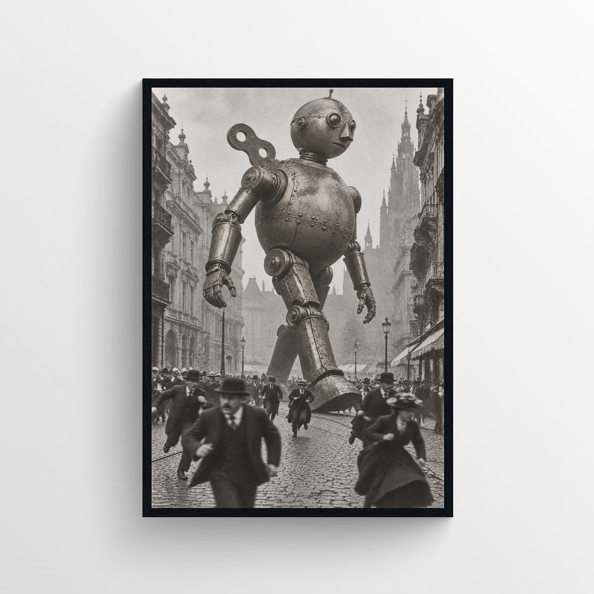 Black-and-white surreal poster showing a towering clockwork man with a wind-up key marching through a crowded historic city street — vintage-style wall art from CollegeWares.
