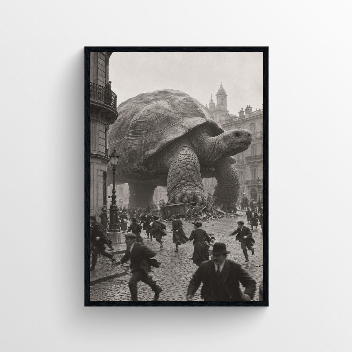 Black-and-white surreal poster showing a colossal tortoise crawling through a crowded historic city square as people flee — vintage-style wall art from CollegeWares.