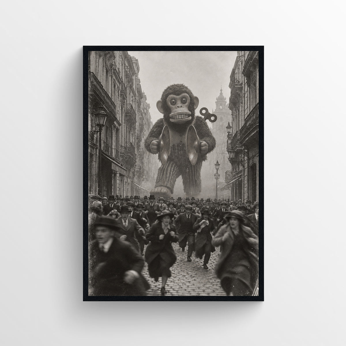 Black-and-white surreal poster showing a giant wind-up toy monkey holding cymbals above a crowded historic city street — vintage-style wall art from CollegeWares.