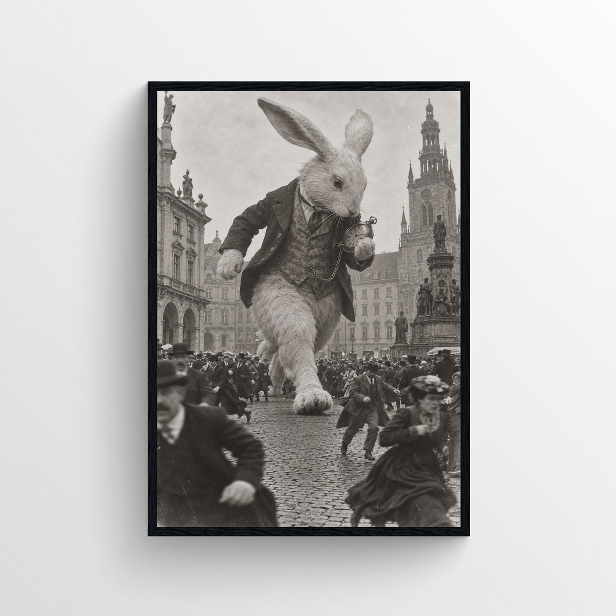 Black-and-white surreal poster showing a towering white rabbit in a formal coat running through a crowded historic European square — vintage-style wall art from CollegeWares.