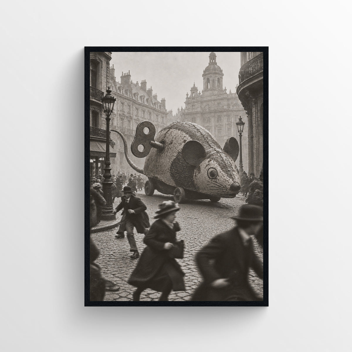 Black-and-white surreal poster showing a giant mechanical mouse with a wind-up key moving through a crowded historic city street — vintage-style wall art from CollegeWares.