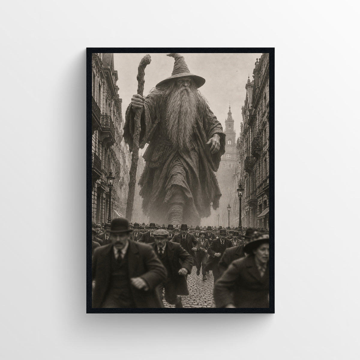 Black-and-white surreal poster showing a towering robed wizard in a pointed hat walking through a crowded gothic city street — vintage-style wall art from CollegeWares.