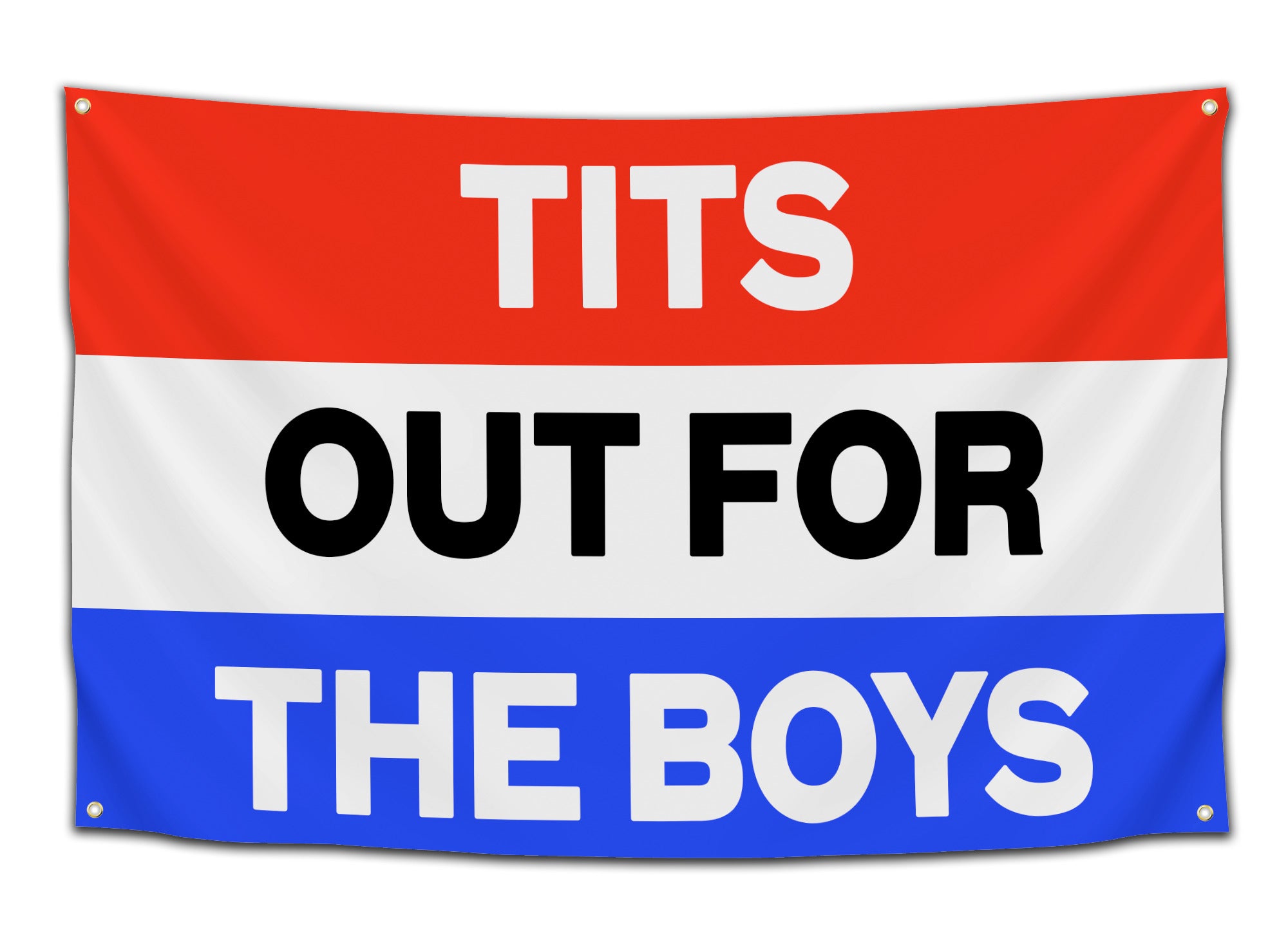 Flag featuring bold red, white, and blue stripes with the words “Tits Out For The Boys” in large capital letters — funny party flag from CollegeWares.