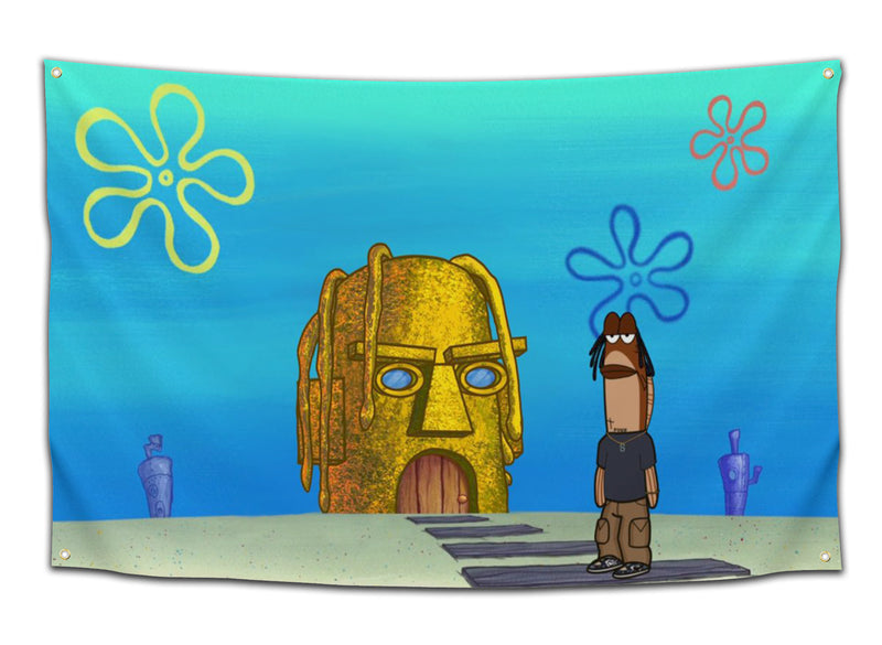 Flag featuring a cartoon scene of a SpongeBob-style fish character standing in front of a house modeled to look like Travis Scott with dreads — funny mashup flag from CollegeWares.