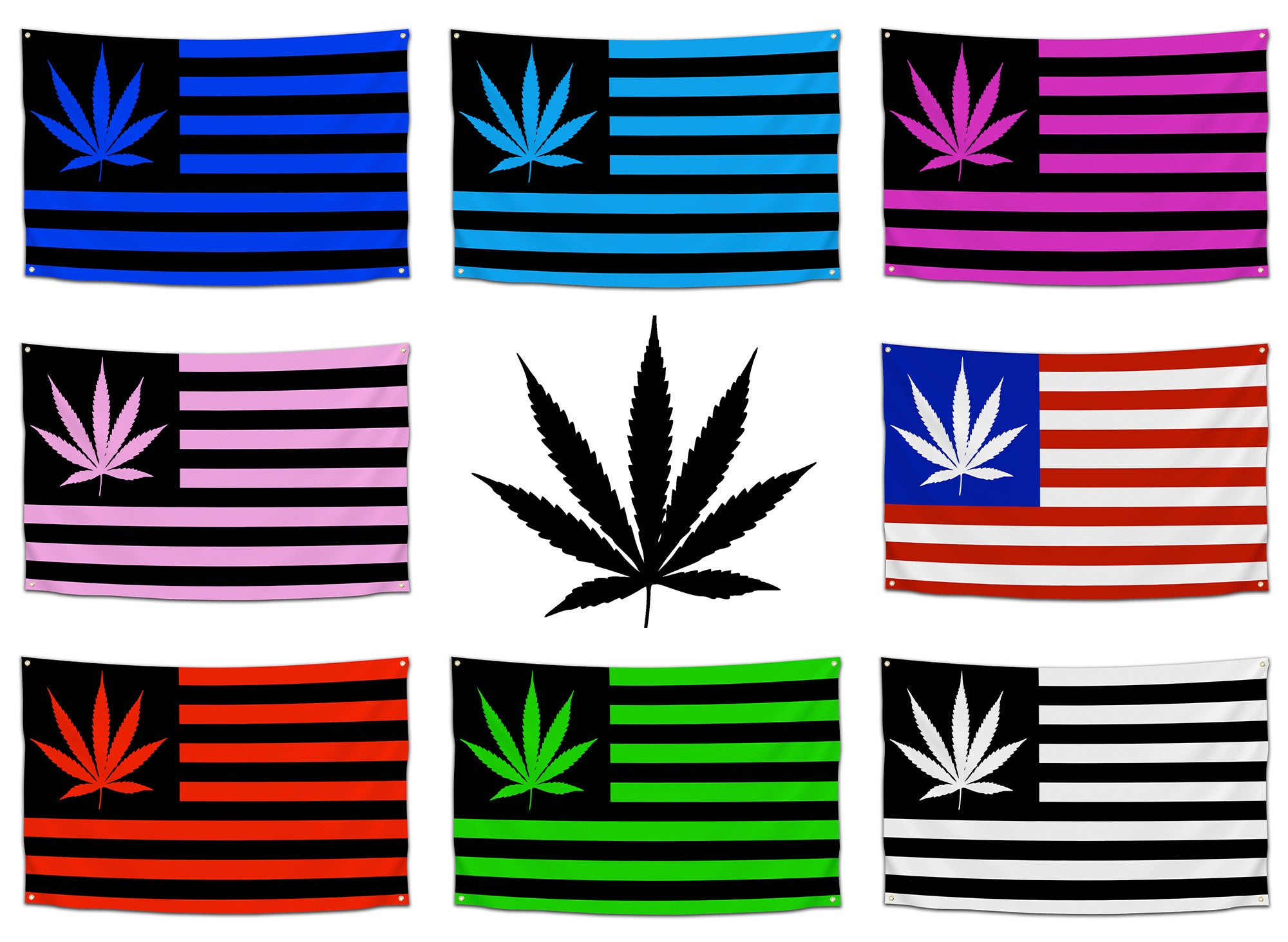 Collage display featuring multiple weed American flags in different colors and a large marijuana leaf in the center — stoner room display from CollegeWares.