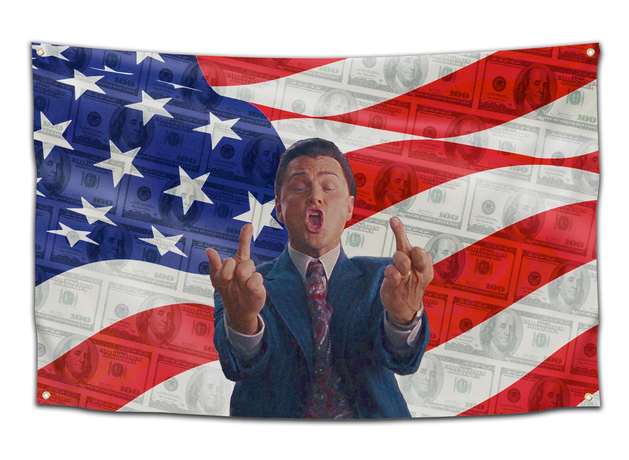 Flag featuring Leonardo DiCaprio as Jordan Belfort flipping off the camera with both hands in front of an American flag made of hundred-dollar bills — Wolf of Wall Street meme flag from CollegeWares.