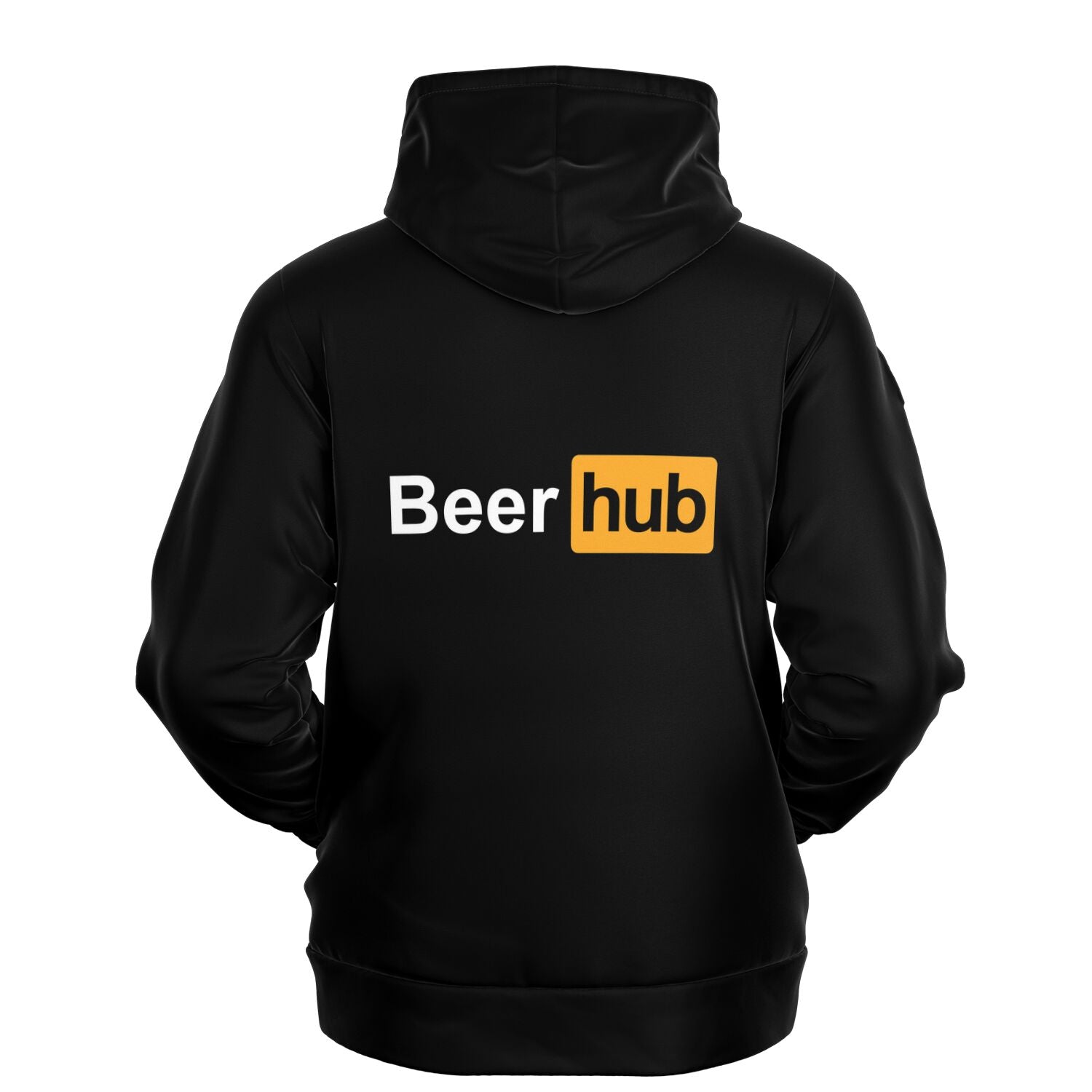 Black hoodie with “Beerhub” logo parody in bold white and orange block letters — humorous beer-themed hoodie from CollegeWares.