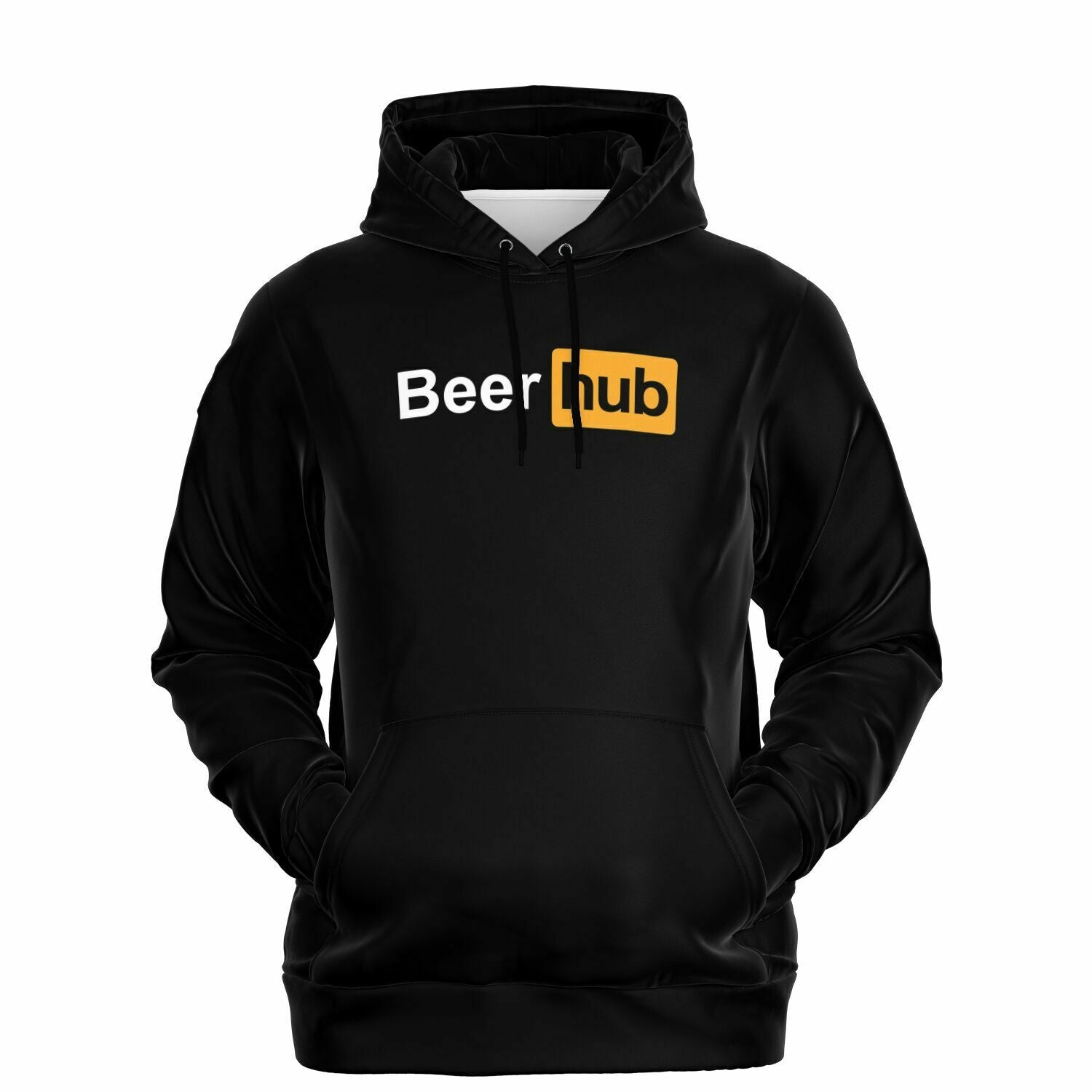 Black hoodie with “Beerhub” logo parody in bold white and orange block letters — humorous beer-themed hoodie from CollegeWares.