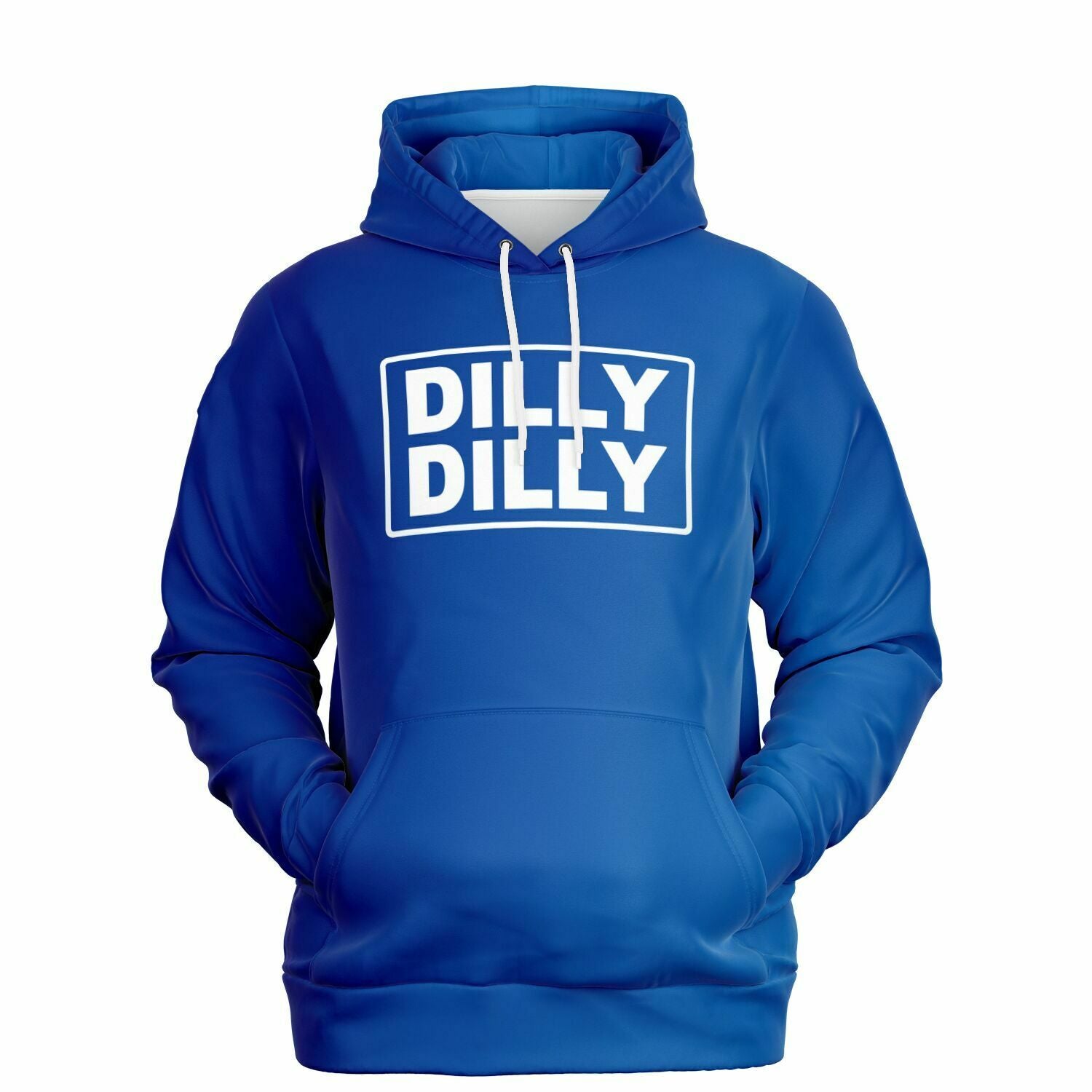 Bold royal blue hoodie with large white “Dilly Dilly” print — funny drinking-themed graphic hoodie from CollegeWares.