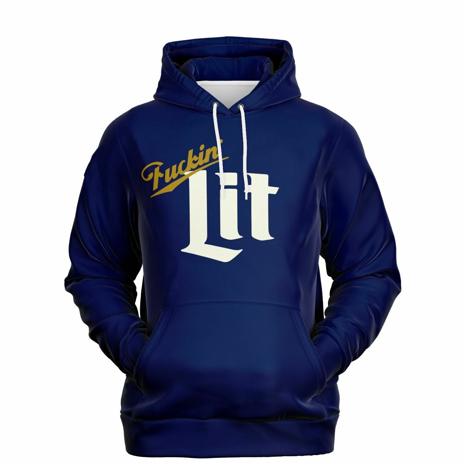 Navy blue hoodie with bold vintage-style white text reading “Lit” and golden cursive “Fuckin’” above it — party hoodie from CollegeWares with classic beer label energy.
