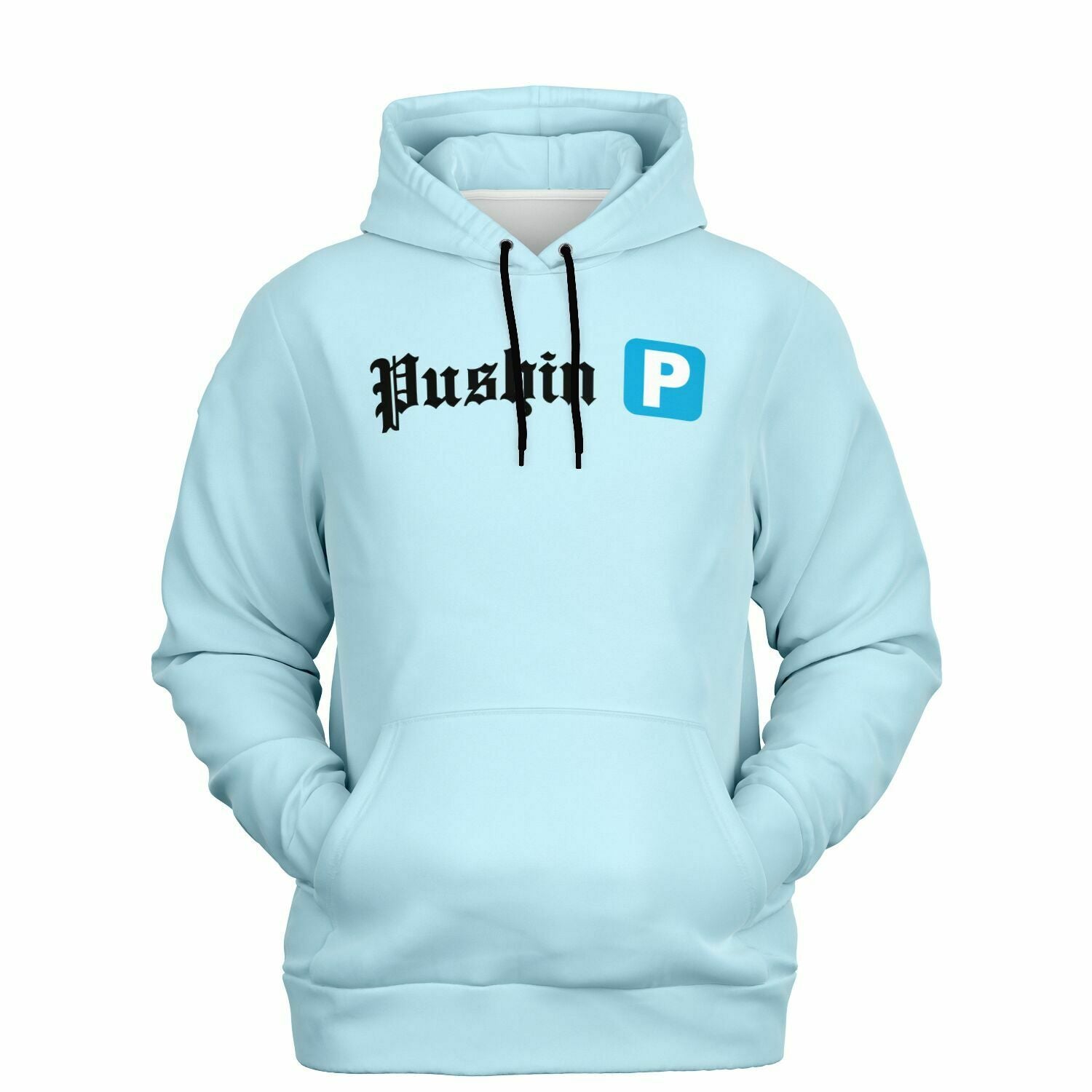 Light blue hoodie with bold black gothic font reading “Pushin” and a bright blue parking “P” icon — trendy rap-inspired hoodie from CollegeWares.