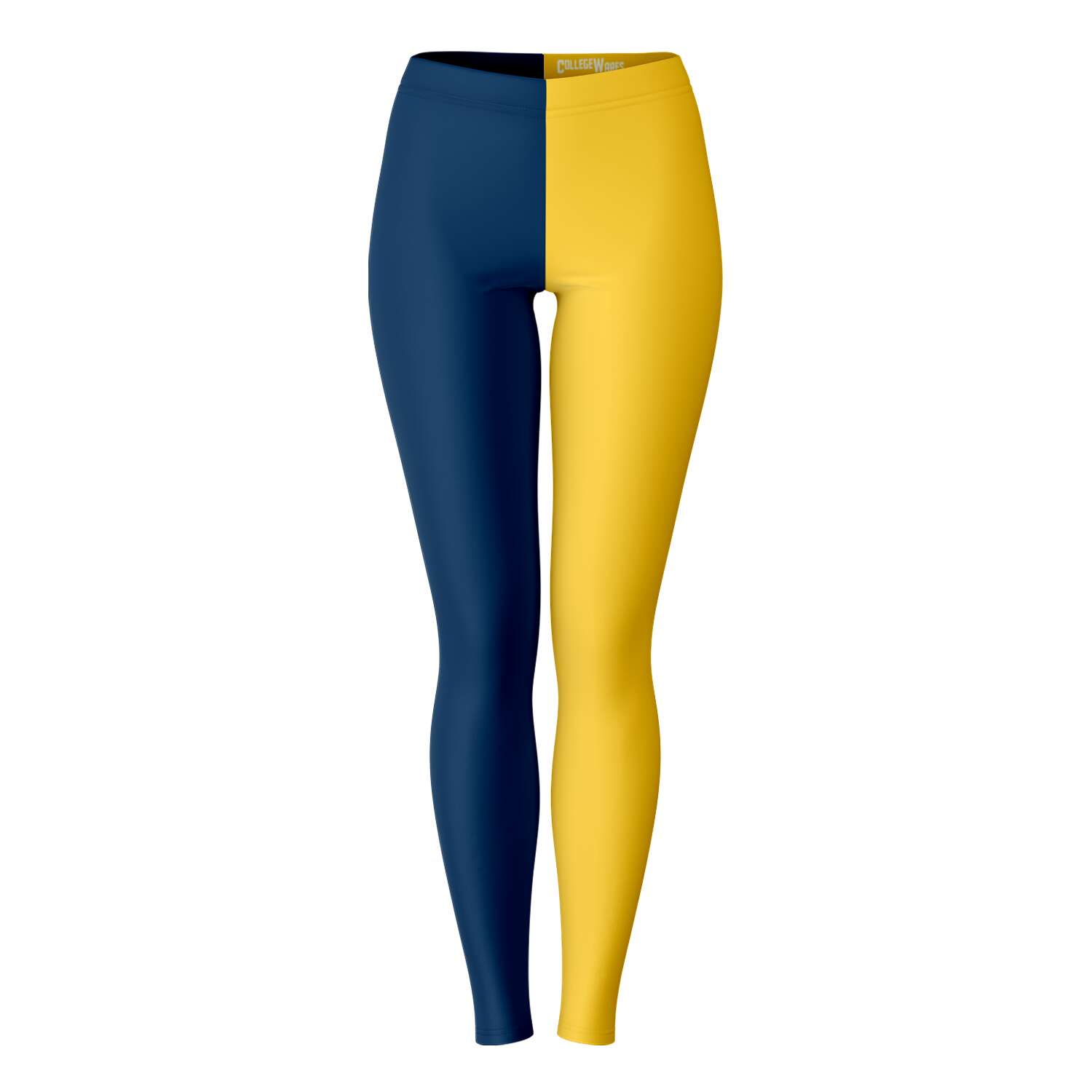Front view of navy blue and gold University of California color leggings with bold split design — Cal Bears spirit from CollegeWares.