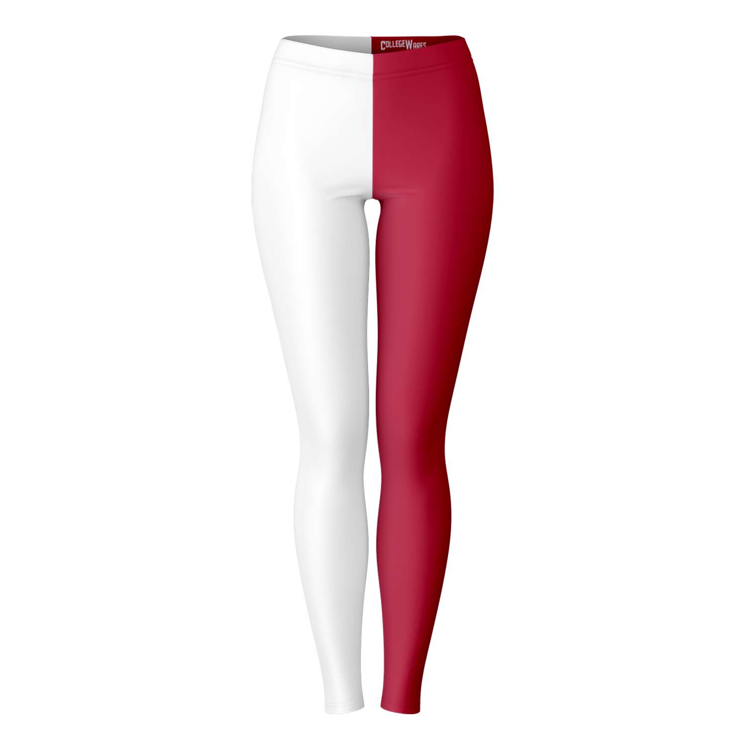Front view of red and white University of Arkansas color leggings with bold split design — Razorbacks spirit from CollegeWares.